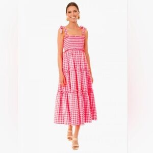 Pomander Place Electric Pink Gingham Tiered Midi Dress with Tie Straps- xs